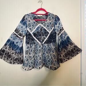 Staring at Stars Y2K Bell Sleeve Top Sz XS Semi Sheer Blue Blouse Boho Festival